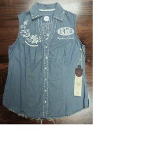 Double D Ranch Blue Western Embroidered Snap Buttons Sleeveless Shirt--Women's S